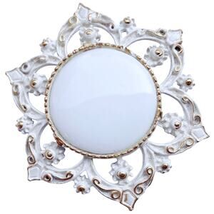 Vintage Mid Century White Milk Glass Enamel Gold Tone Brooch Floral Pin 1960s